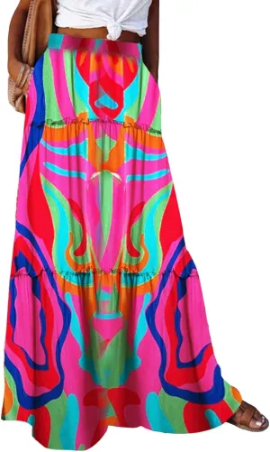 Women Y2k Denim Maxi Skirt Elastic Waist Button Pleated Tiered Flowy Long Swing Skirts Retro Chambray Jean Skirt