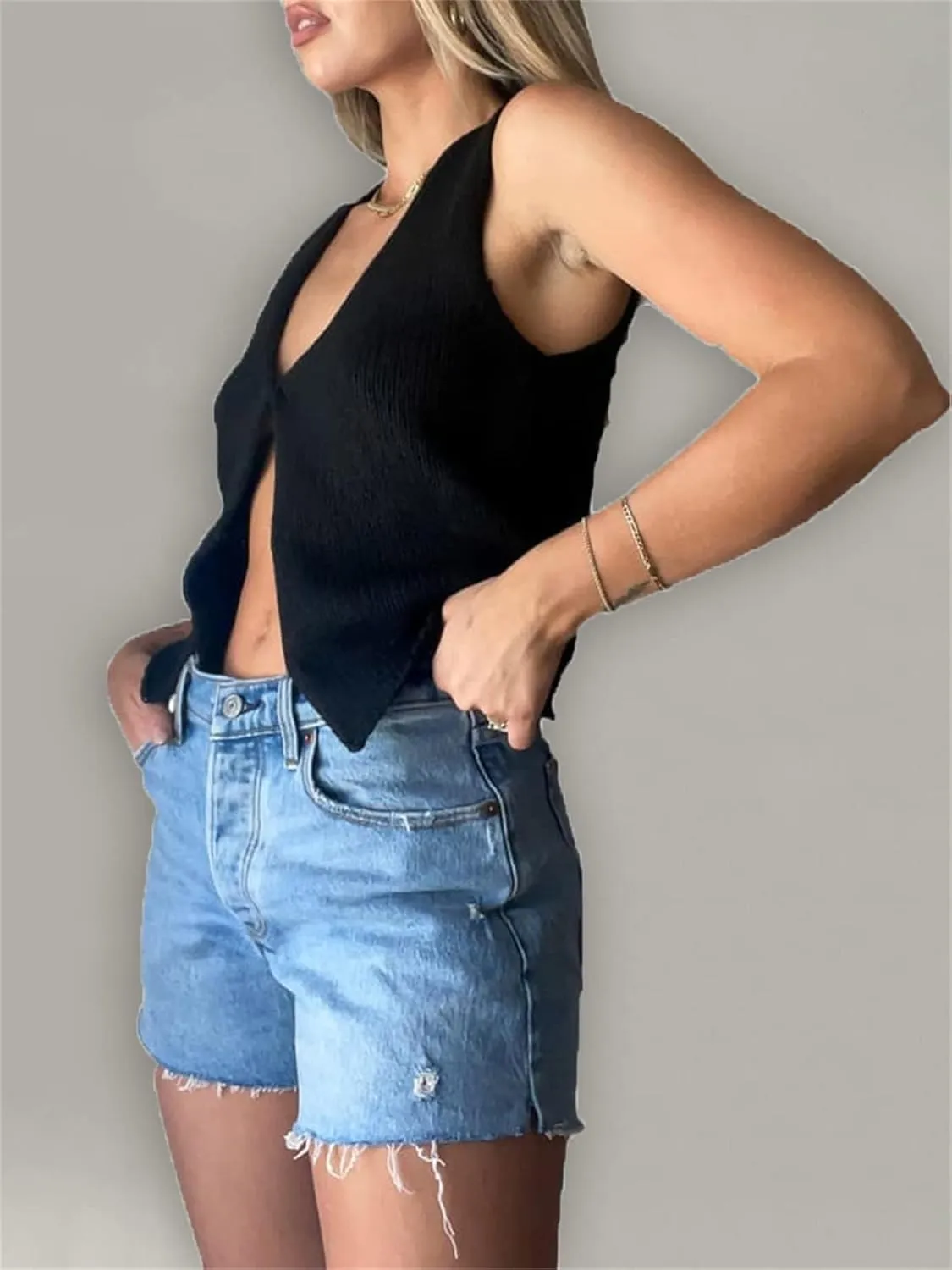 Women Y2k Knit Vest Top Crochet V Neck Sleeveless Button Down Sweater Vest Tank Tops Vintage Streetwear