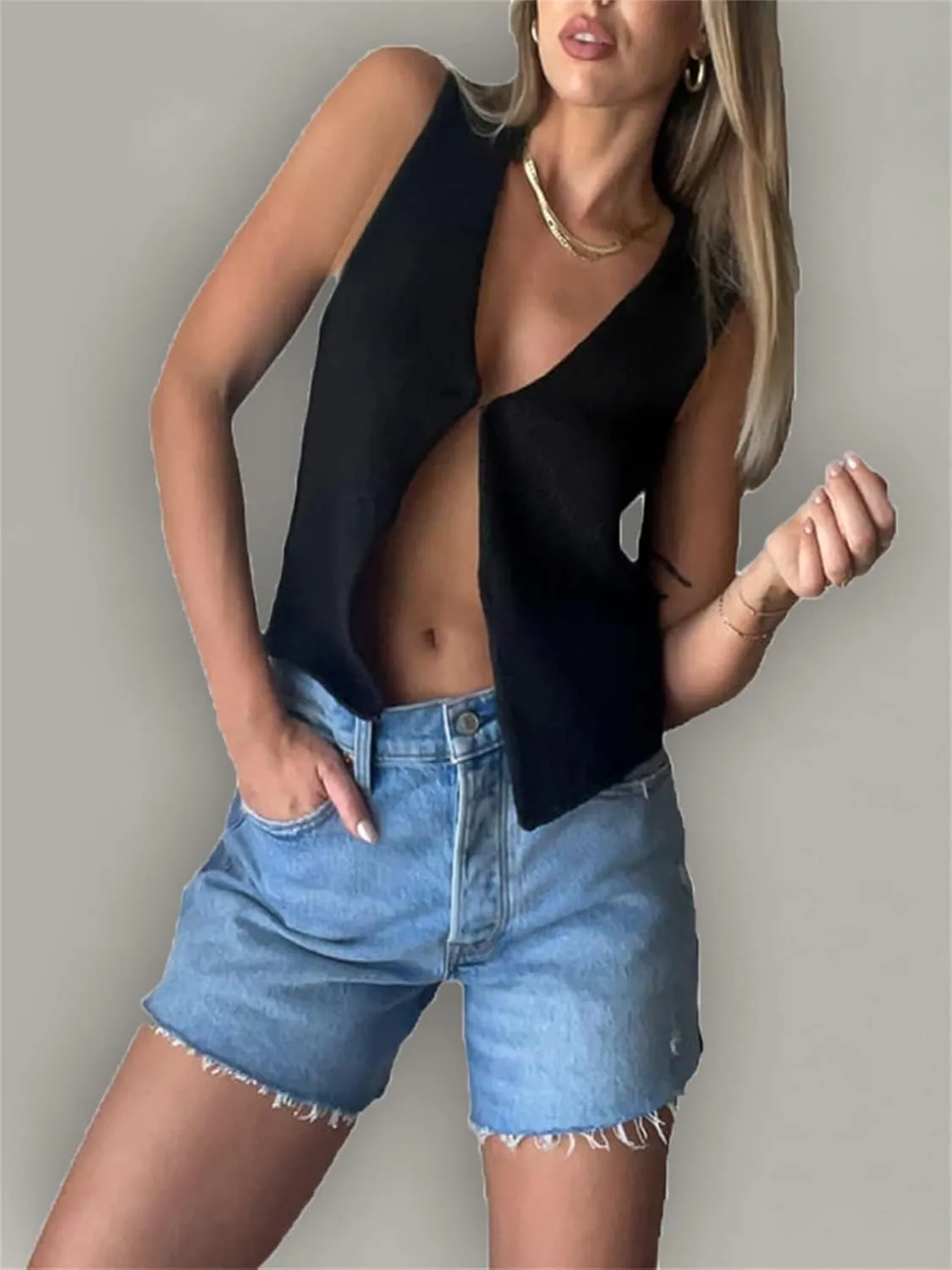 Women Y2k Knit Vest Top Crochet V Neck Sleeveless Button Down Sweater Vest Tank Tops Vintage Streetwear