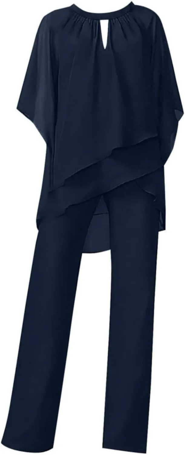 Womens 2 Piece Dressy Pant Suit Casual Crewneck 3/4 Sleeve Pants Suits Plus Size Solid Color Formal Wide Leg Sets