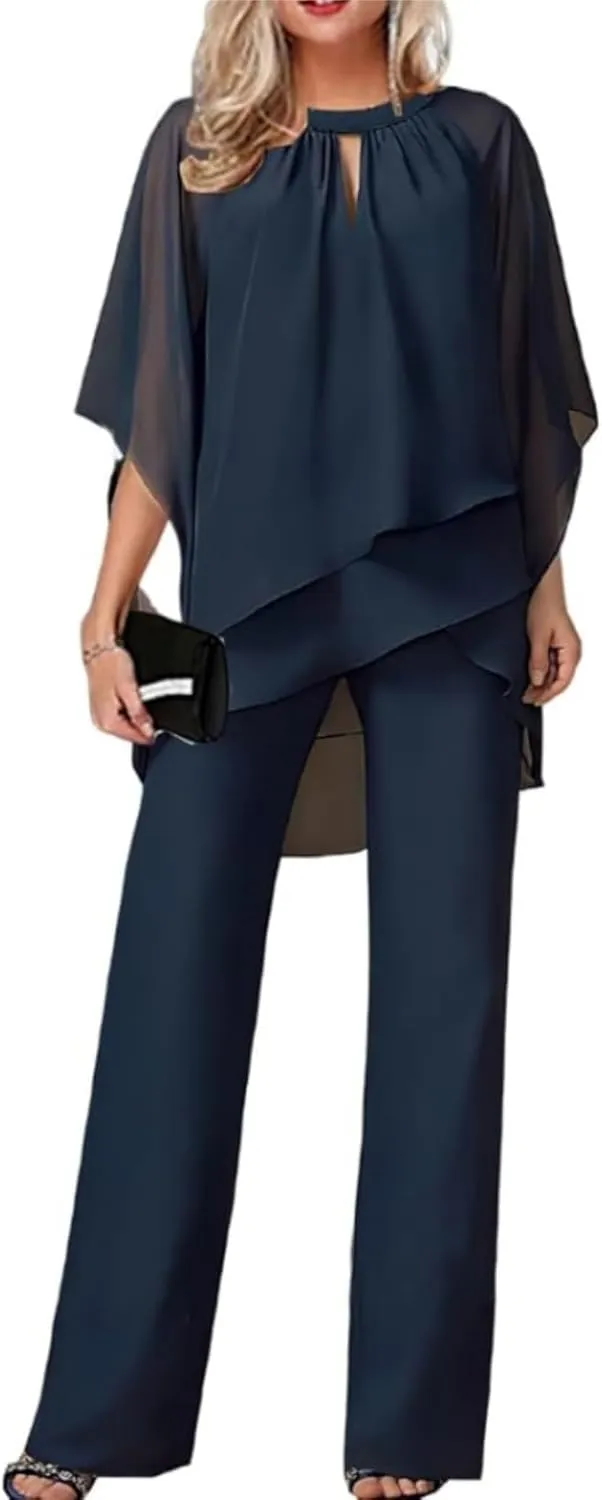 Womens 2 Piece Dressy Pant Suit Casual Crewneck 3/4 Sleeve Pants Suits Plus Size Solid Color Formal Wide Leg Sets