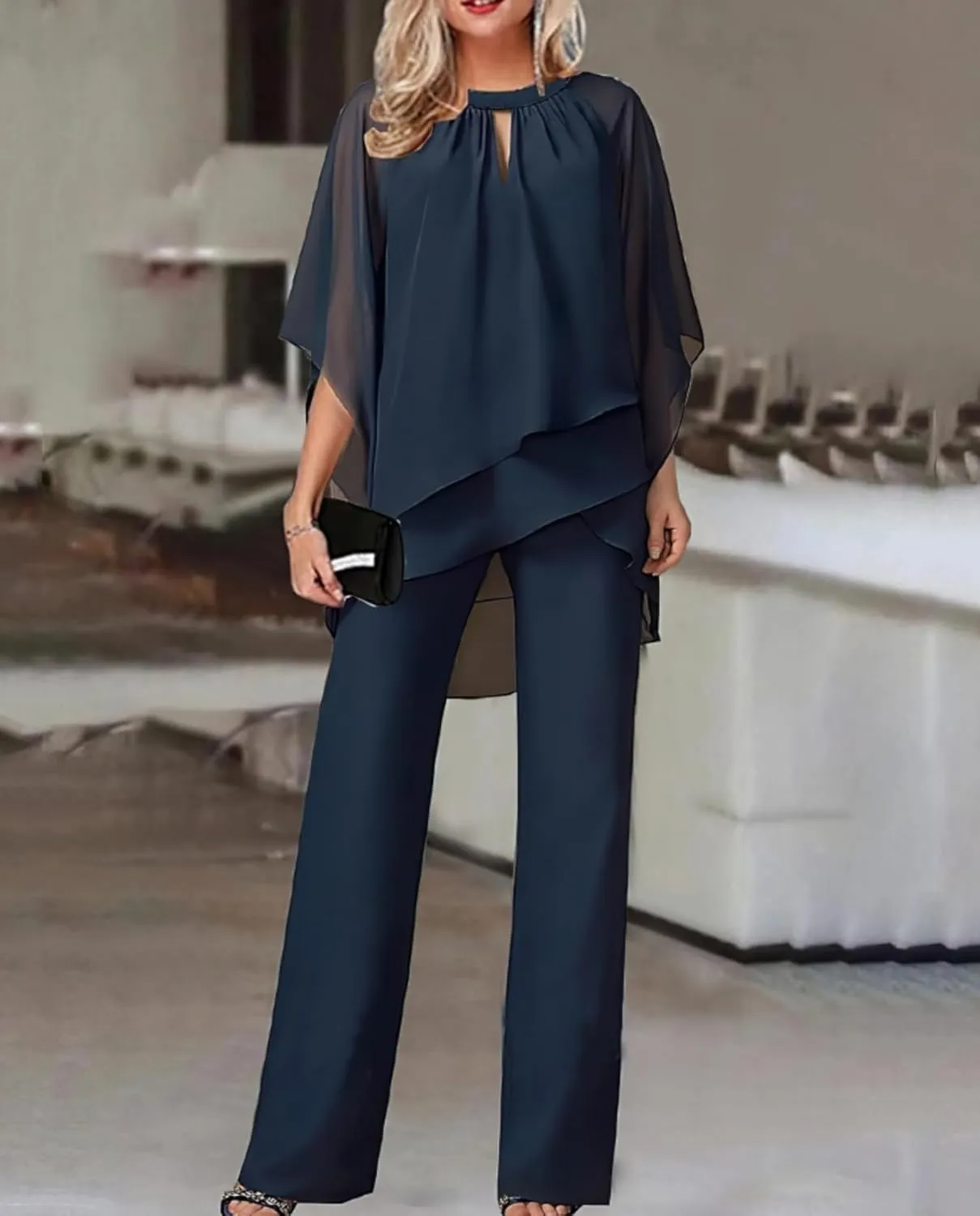 Womens 2 Piece Dressy Pant Suit Casual Crewneck 3/4 Sleeve Pants Suits Plus Size Solid Color Formal Wide Leg Sets
