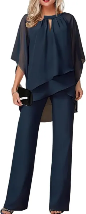 Womens 2 Piece Dressy Pant Suit Casual Crewneck 3/4 Sleeve Pants Suits Plus Size Solid Color Formal Wide Leg Sets