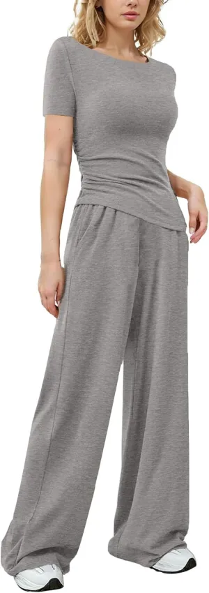 Women's 2 Piece Lounge Sets Asymmetrical Short Sleeve Wide Leg Pants Casual Outfits Tracksuit Streetwear