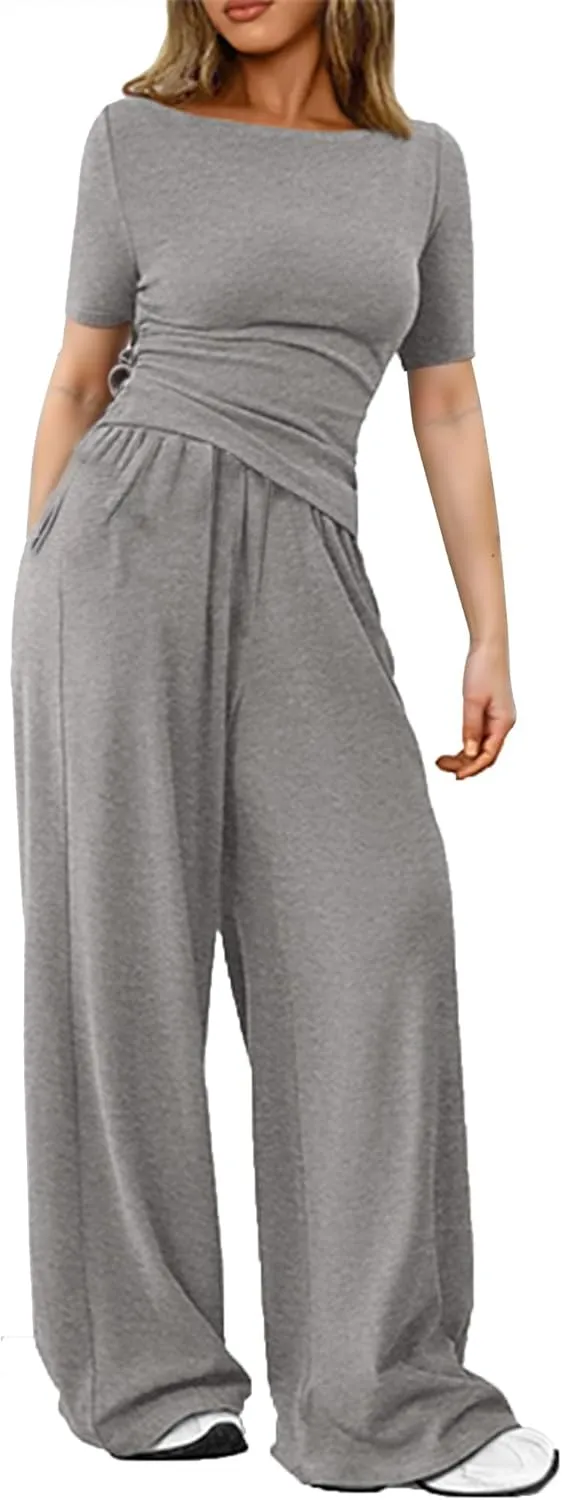 Women's 2 Piece Lounge Sets Asymmetrical Short Sleeve Wide Leg Pants Casual Outfits Tracksuit Streetwear