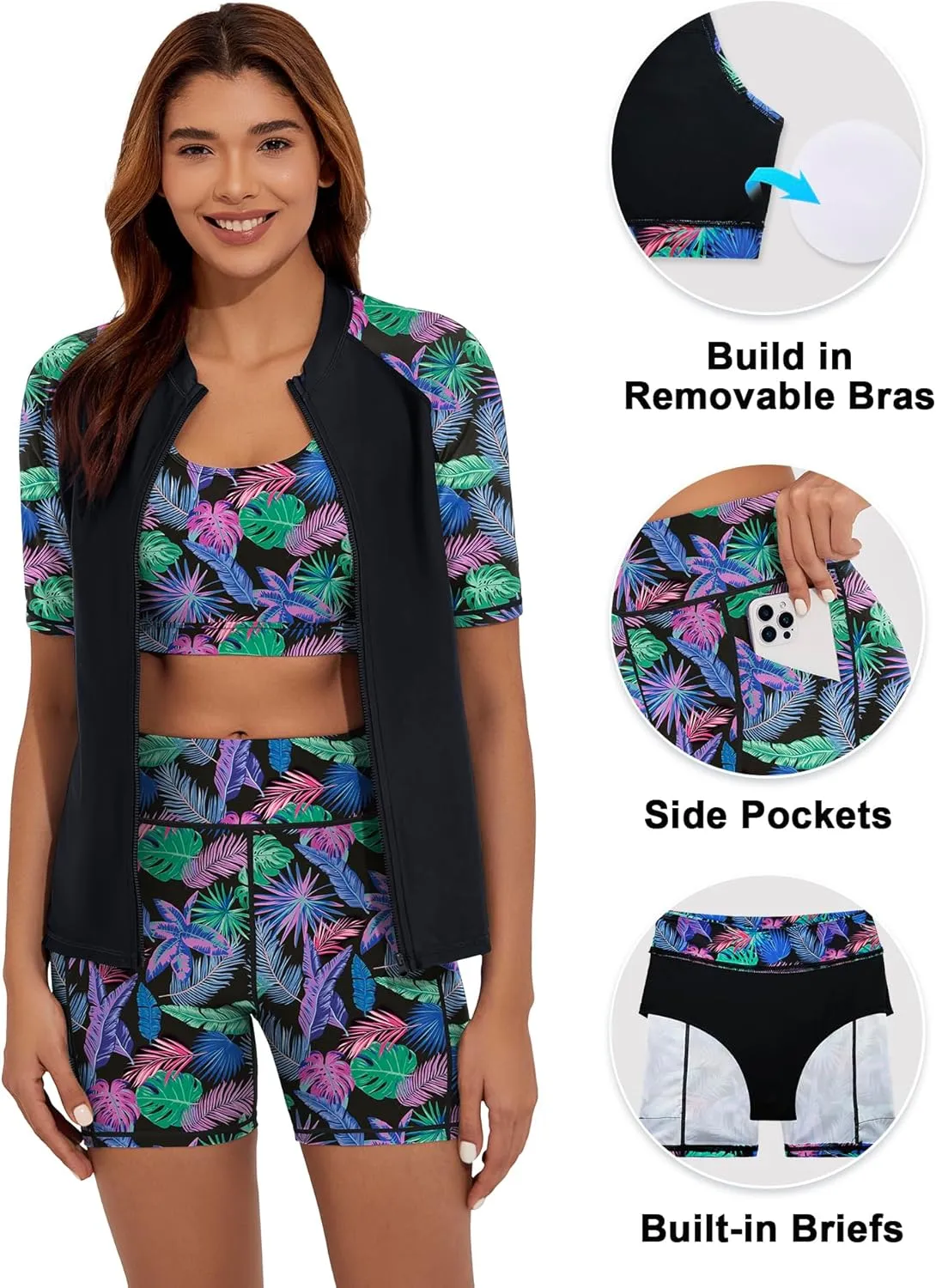 Women's 3 Piece Rash Guard Short Sleeve UPF 50  Rash Guard Swimsuits Zip Front Swim Shirt and Short Pocket