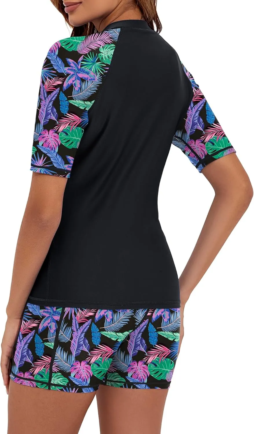 Women's 3 Piece Rash Guard Short Sleeve UPF 50  Rash Guard Swimsuits Zip Front Swim Shirt and Short Pocket