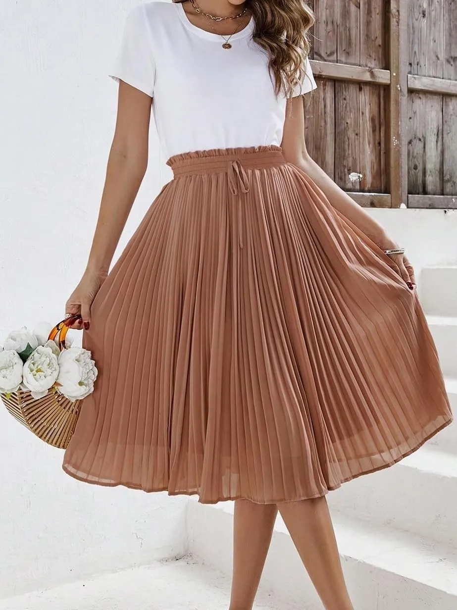 Women's Basic Frenchy Solid Paperbag Waist Pleated High Waist Midi Skirt Plain Knot Casual Skirts