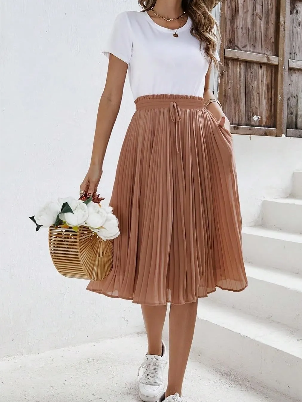 Women's Basic Frenchy Solid Paperbag Waist Pleated High Waist Midi Skirt Plain Knot Casual Skirts