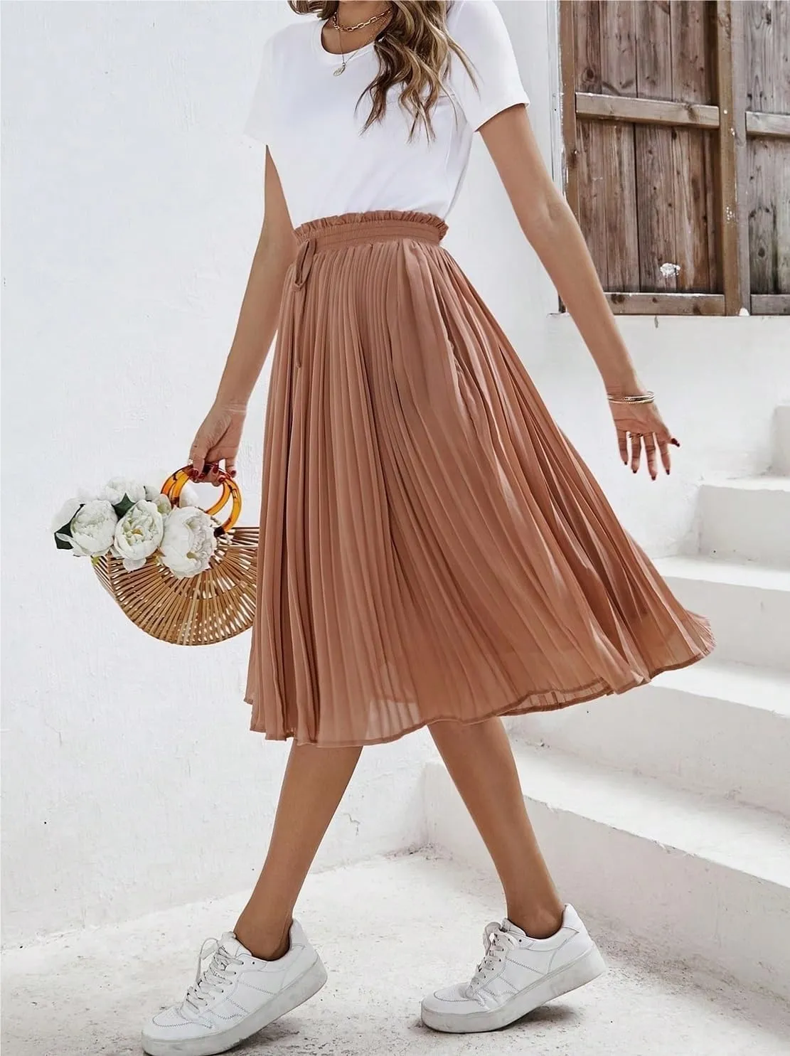 Women's Basic Frenchy Solid Paperbag Waist Pleated High Waist Midi Skirt Plain Knot Casual Skirts