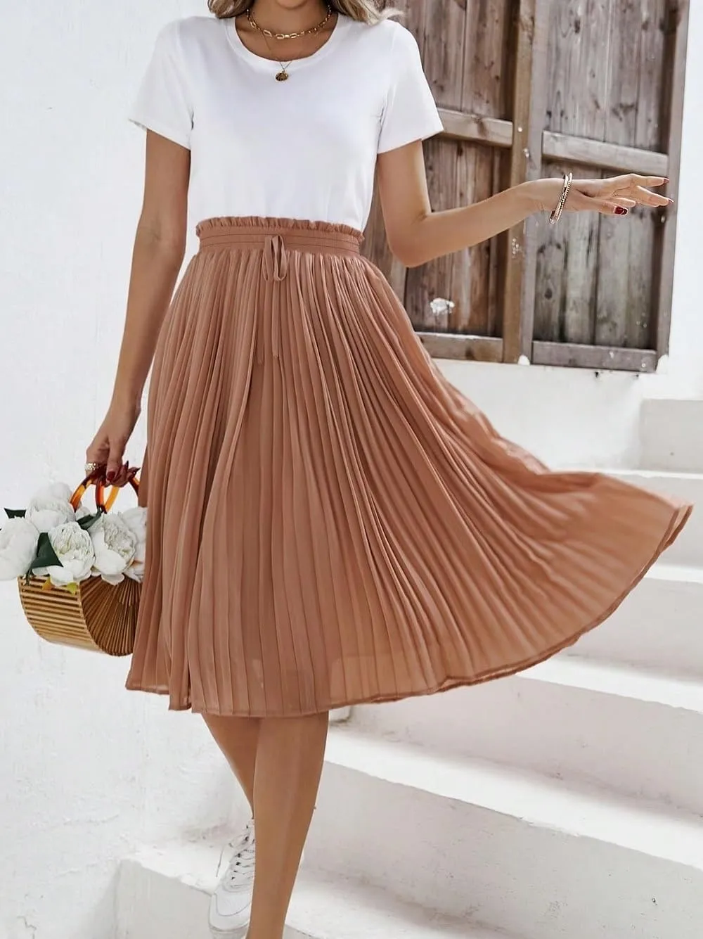 Women's Basic Frenchy Solid Paperbag Waist Pleated High Waist Midi Skirt Plain Knot Casual Skirts