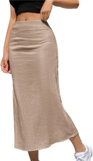 Women's Basic High Waist Casual A Line Long Midi Skirt Summer Loose Straight Ruched Casual Skirts