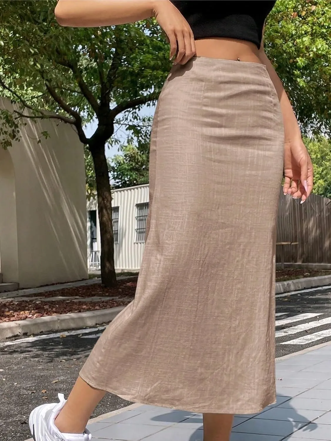 Women's Basic High Waist Casual A Line Long Midi Skirt Summer Loose Straight Ruched Casual Skirts
