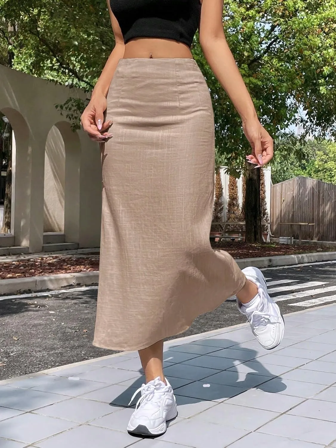 Women's Basic High Waist Casual A Line Long Midi Skirt Summer Loose Straight Ruched Casual Skirts