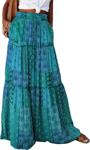 Women's Bohemian Maxi Skirts Vintage Floral Elastic High Waist Flowy Skirts Tiered Pleated A Line Beach Long Skirt