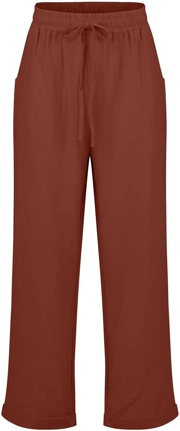 Womens Cotton Linen Pants Drawstring High Waisted Ankle Cropped Pants Summer 7/8 Straight Leg Trousers with Pockets