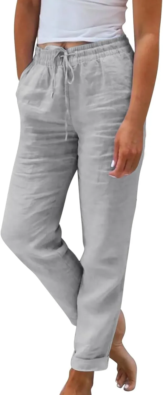 Womens Cotton Linen Pants Drawstring High Waisted Ankle Cropped Pants Summer 7/8 Straight Leg Trousers with Pockets