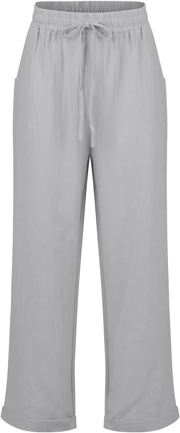 Womens Cotton Linen Pants Drawstring High Waisted Ankle Cropped Pants Summer 7/8 Straight Leg Trousers with Pockets
