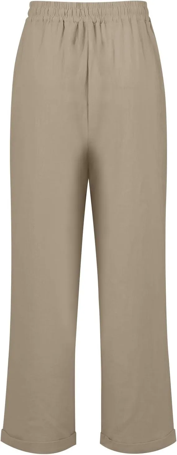 Womens Cotton Linen Pants Drawstring High Waisted Ankle Cropped Pants Summer 7/8 Straight Leg Trousers with Pockets