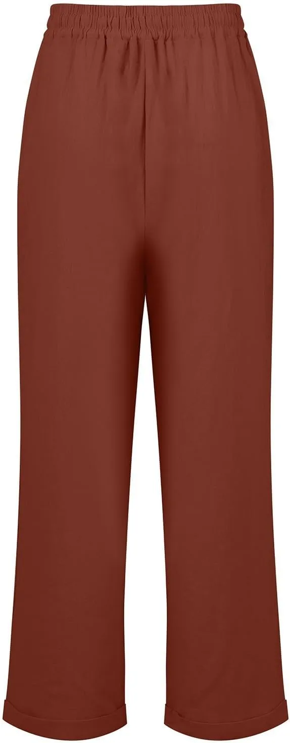 Womens Cotton Linen Pants Drawstring High Waisted Ankle Cropped Pants Summer 7/8 Straight Leg Trousers with Pockets