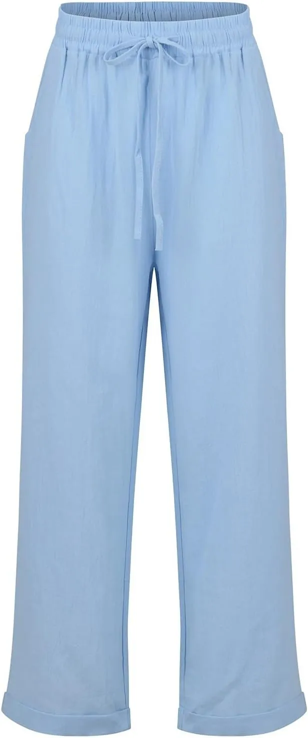 Womens Cotton Linen Pants Drawstring High Waisted Ankle Cropped Pants Summer 7/8 Straight Leg Trousers with Pockets