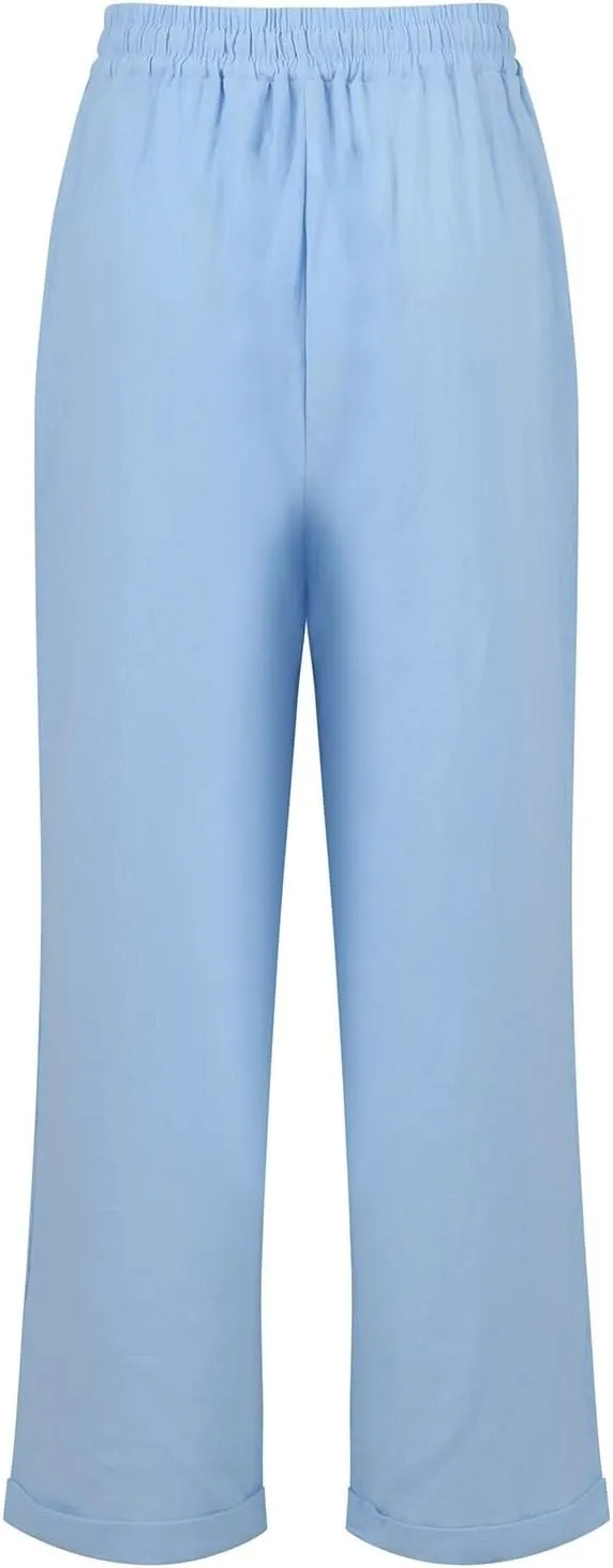 Womens Cotton Linen Pants Drawstring High Waisted Ankle Cropped Pants Summer 7/8 Straight Leg Trousers with Pockets