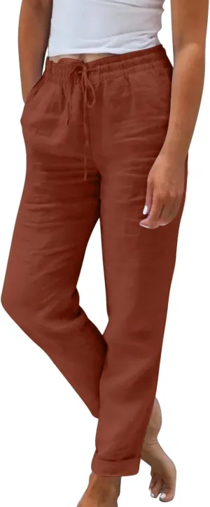 Womens Cotton Linen Pants Drawstring High Waisted Ankle Cropped Pants Summer 7/8 Straight Leg Trousers with Pockets
