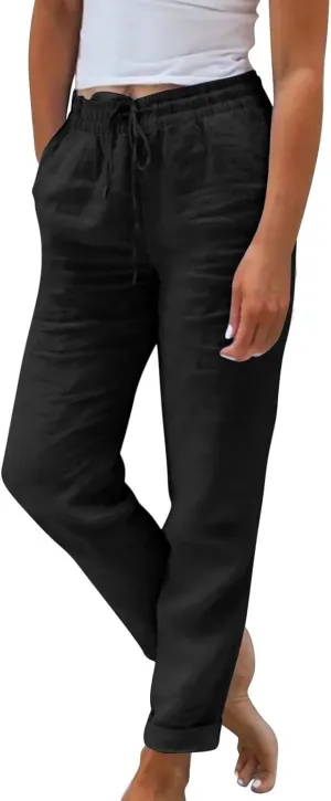 Womens Cotton Linen Pants Drawstring High Waisted Ankle Cropped Pants Summer 7/8 Straight Leg Trousers with Pockets
