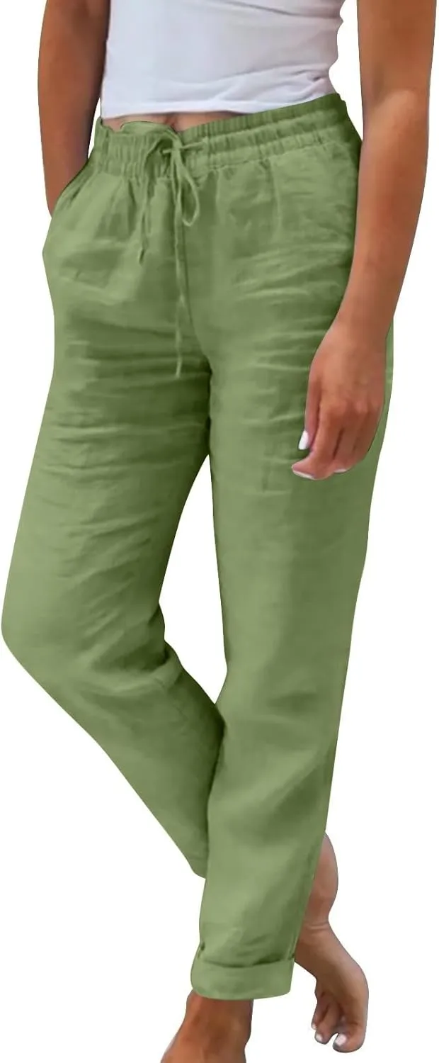 Womens Cotton Linen Pants Drawstring High Waisted Ankle Cropped Pants Summer 7/8 Straight Leg Trousers with Pockets