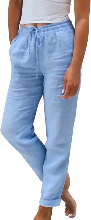 Womens Cotton Linen Pants Drawstring High Waisted Ankle Cropped Pants Summer 7/8 Straight Leg Trousers with Pockets