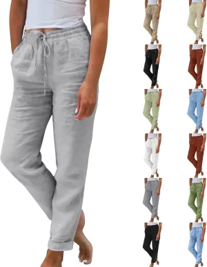 Womens Cotton Linen Pants Drawstring High Waisted Ankle Cropped Pants Summer 7/8 Straight Leg Trousers with Pockets