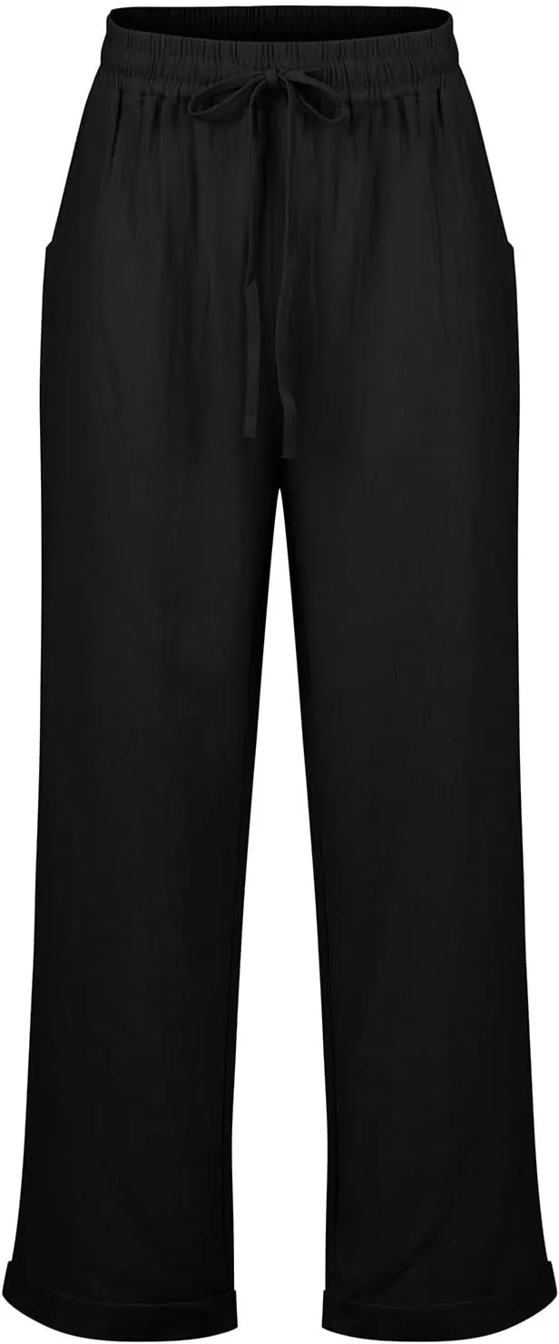Womens Cotton Linen Pants Drawstring High Waisted Ankle Cropped Pants Summer 7/8 Straight Leg Trousers with Pockets