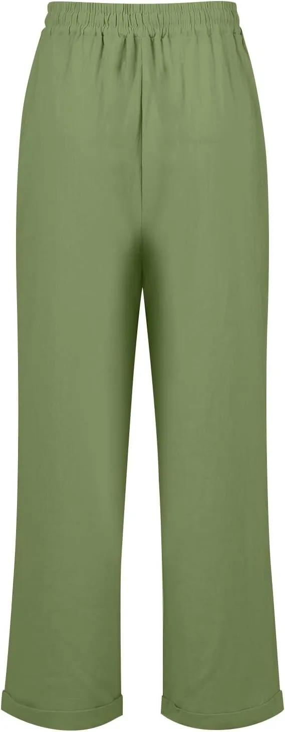 Womens Cotton Linen Pants Drawstring High Waisted Ankle Cropped Pants Summer 7/8 Straight Leg Trousers with Pockets