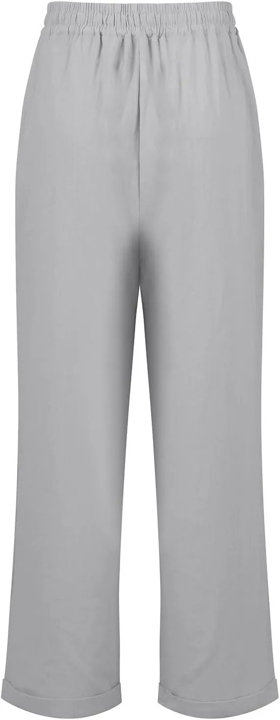 Womens Cotton Linen Pants Drawstring High Waisted Ankle Cropped Pants Summer 7/8 Straight Leg Trousers with Pockets