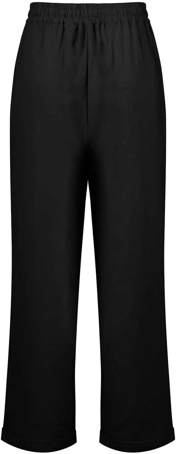 Womens Cotton Linen Pants Drawstring High Waisted Ankle Cropped Pants Summer 7/8 Straight Leg Trousers with Pockets