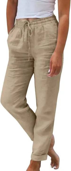 Womens Cotton Linen Pants Drawstring High Waisted Ankle Cropped Pants Summer 7/8 Straight Leg Trousers with Pockets