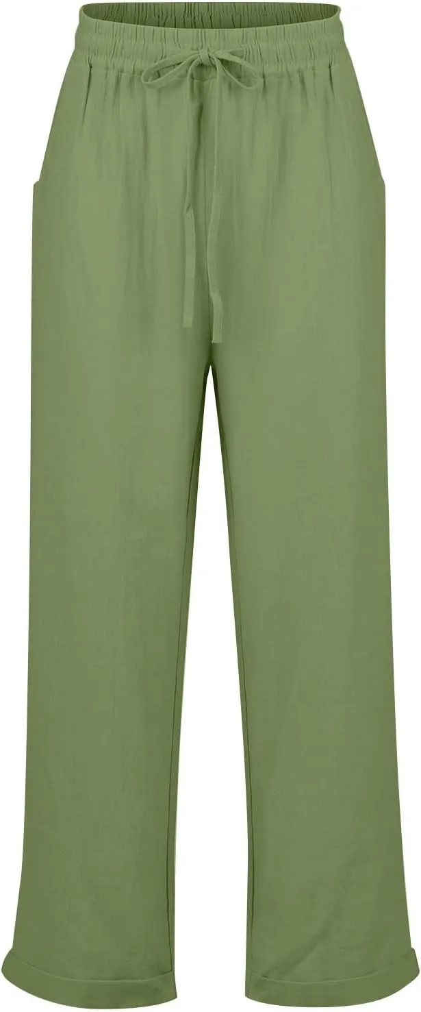 Womens Cotton Linen Pants Drawstring High Waisted Ankle Cropped Pants Summer 7/8 Straight Leg Trousers with Pockets