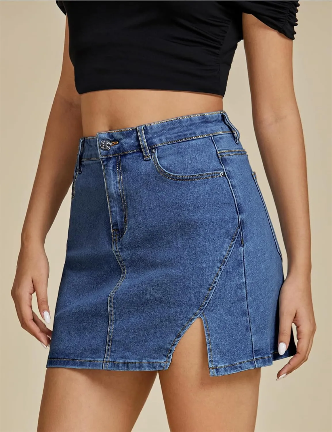 Women's Denim Mini Skort High Waisted Pull On Stretchy Denim Wrap Skirt, with Slit Trendy Casual Slim Fit Short Skirts