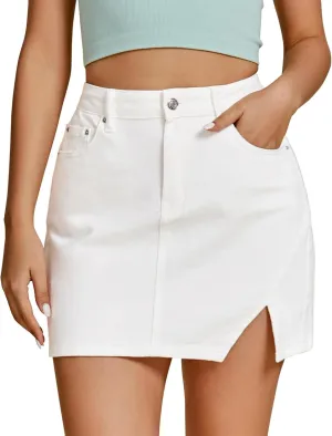 Women's Denim Mini Skort High Waisted Pull On Stretchy Denim Wrap Skirt, with Slit Trendy Casual Slim Fit Short Skirts