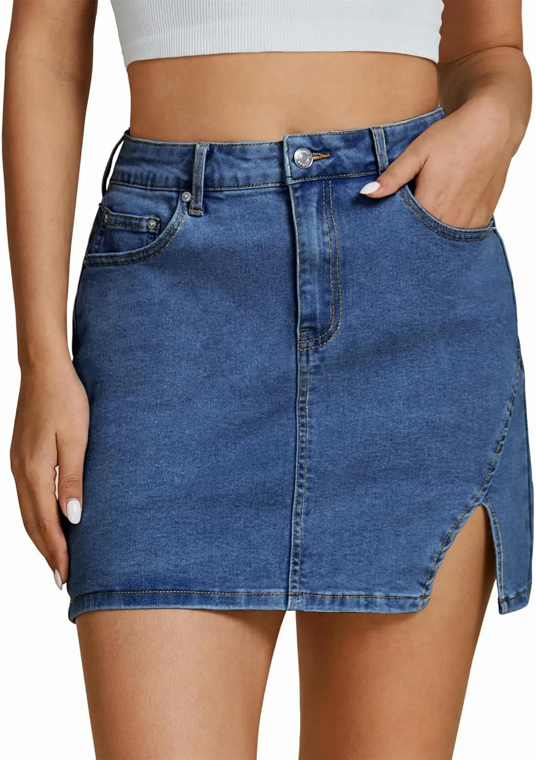 Women's Denim Mini Skort High Waisted Pull On Stretchy Denim Wrap Skirt, with Slit Trendy Casual Slim Fit Short Skirts