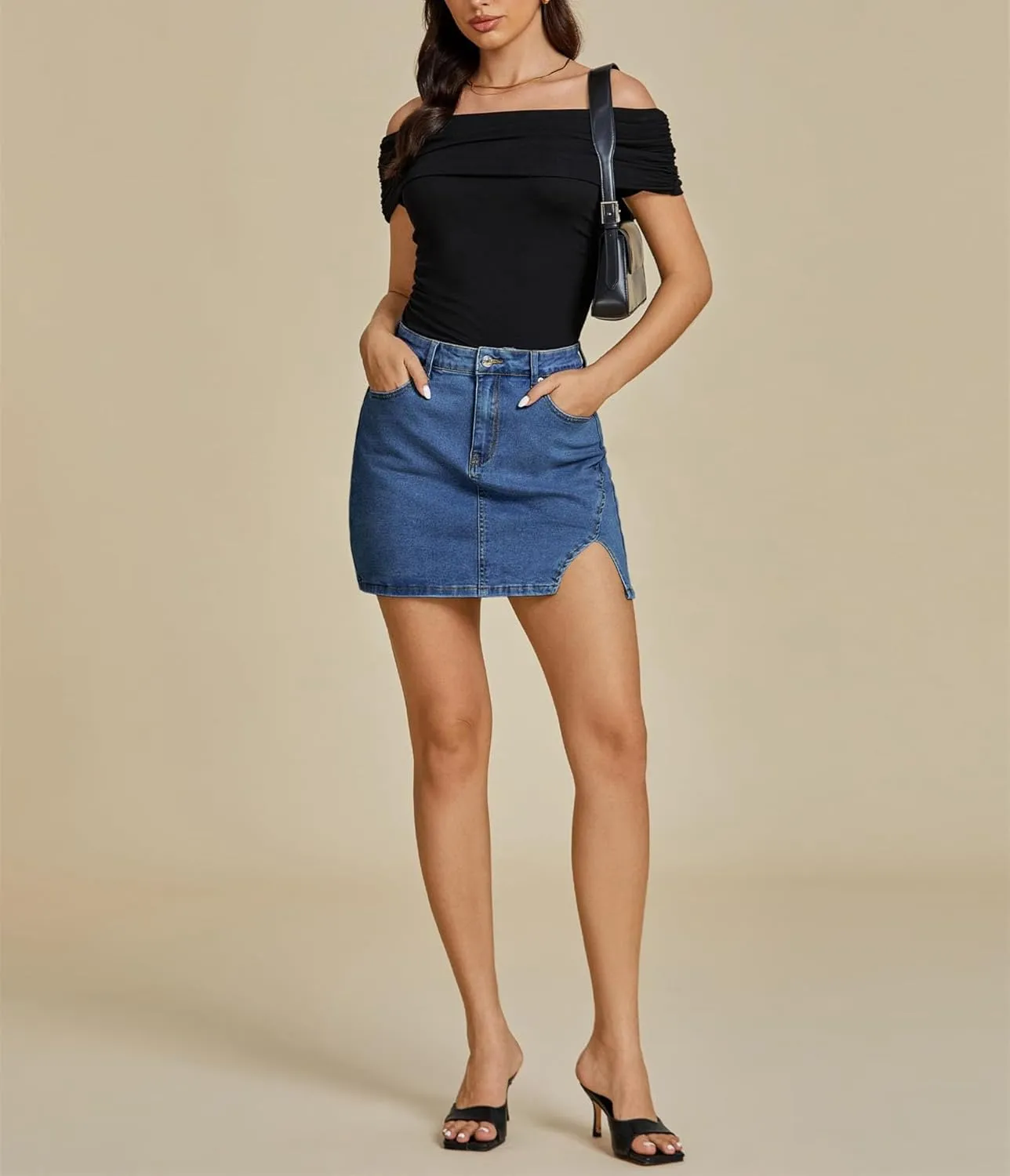 Women's Denim Mini Skort High Waisted Pull On Stretchy Denim Wrap Skirt, with Slit Trendy Casual Slim Fit Short Skirts