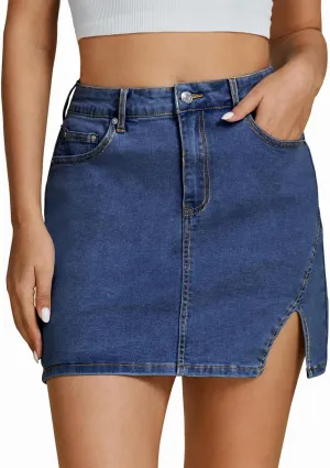 Women's Denim Mini Skort High Waisted Pull On Stretchy Denim Wrap Skirt, with Slit Trendy Casual Slim Fit Short Skirts