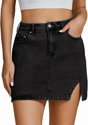 Women's Denim Mini Skort High Waisted Pull On Stretchy Denim Wrap Skirt, with Slit Trendy Casual Slim Fit Short Skirts