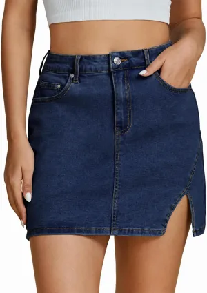Women's Denim Mini Skort High Waisted Pull On Stretchy Denim Wrap Skirt, with Slit Trendy Casual Slim Fit Short Skirts