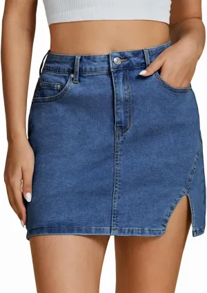Women's Denim Mini Skort High Waisted Pull On Stretchy Denim Wrap Skirt, with Slit Trendy Casual Slim Fit Short Skirts