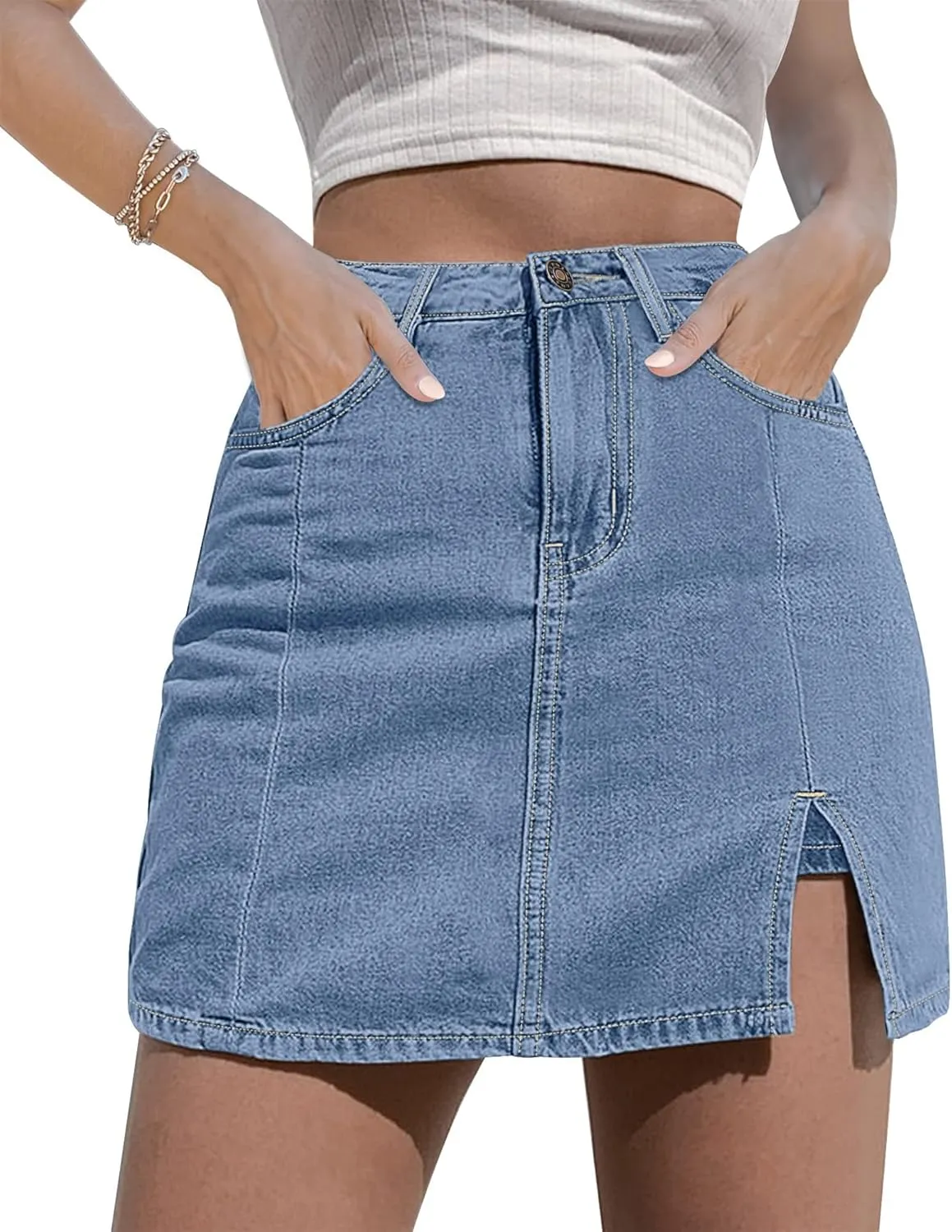 Womens Denim Mini Trendy High Waisted Jean Skirts, High Waisted Pull On Stretchy Denim Wrap Skirt with Shorts