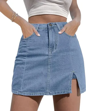 Womens Denim Mini Trendy High Waisted Jean Skirts, High Waisted Pull On Stretchy Denim Wrap Skirt with Shorts