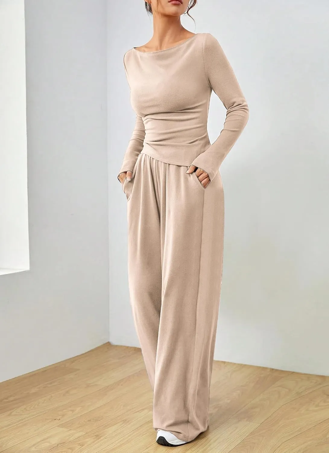 Women's Fall Two Piece Outfits Asymmetrical Long Sleeve T Shirt Wide Leg Pants Lounge Sets for Women Casual Tracksuit