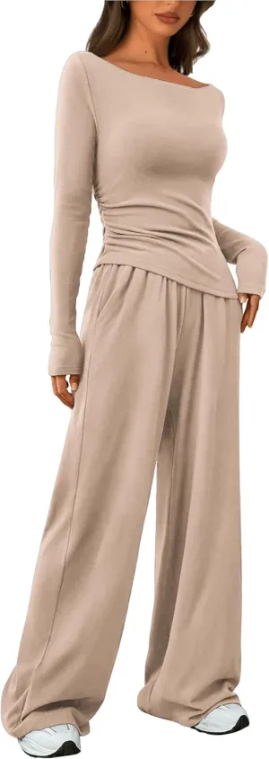 Women's Fall Two Piece Outfits Asymmetrical Long Sleeve T Shirt Wide Leg Pants Lounge Sets for Women Casual Tracksuit
