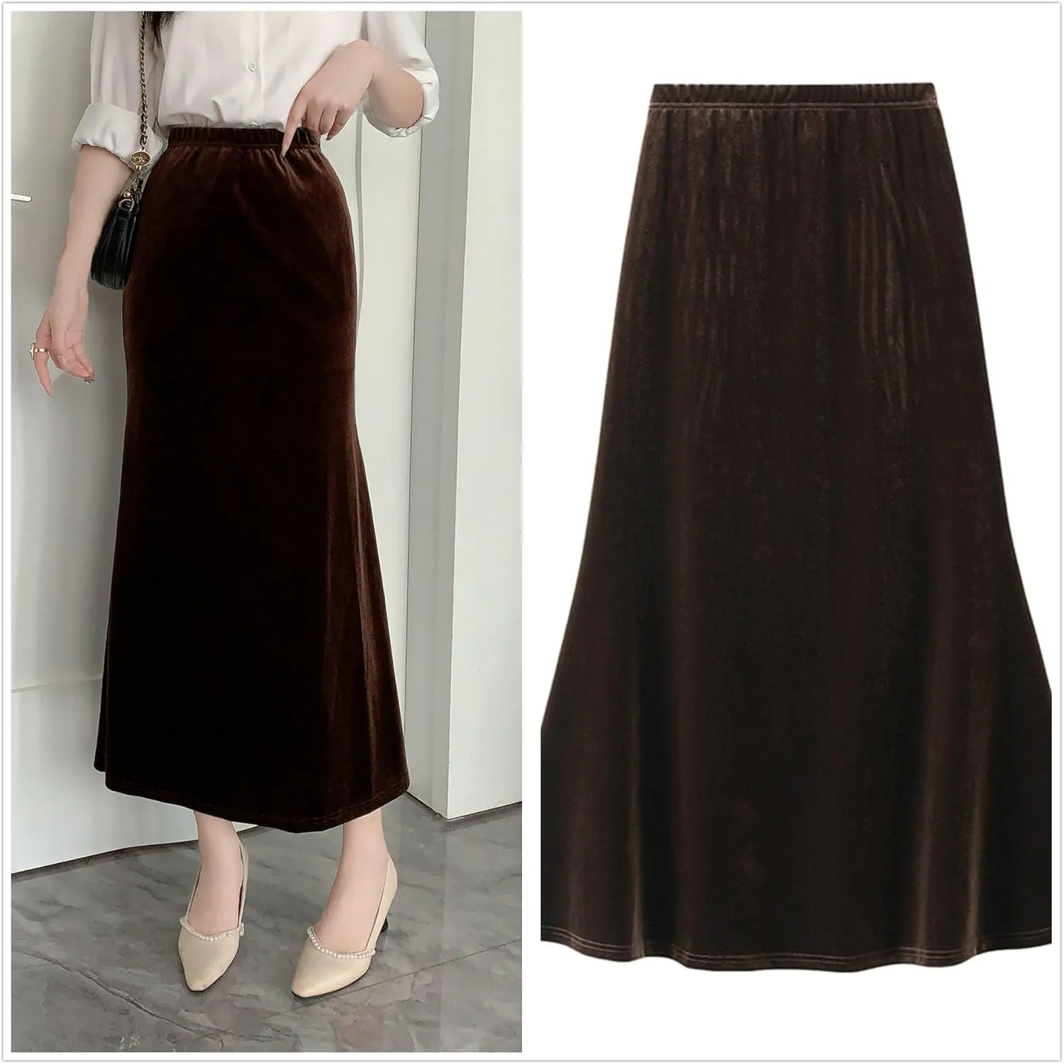 Women's Fall Winter Elastic High Waist Velvet Midi Long Pleated Mermaid Flowy Swing Ruffled A-line Maxi Skirt